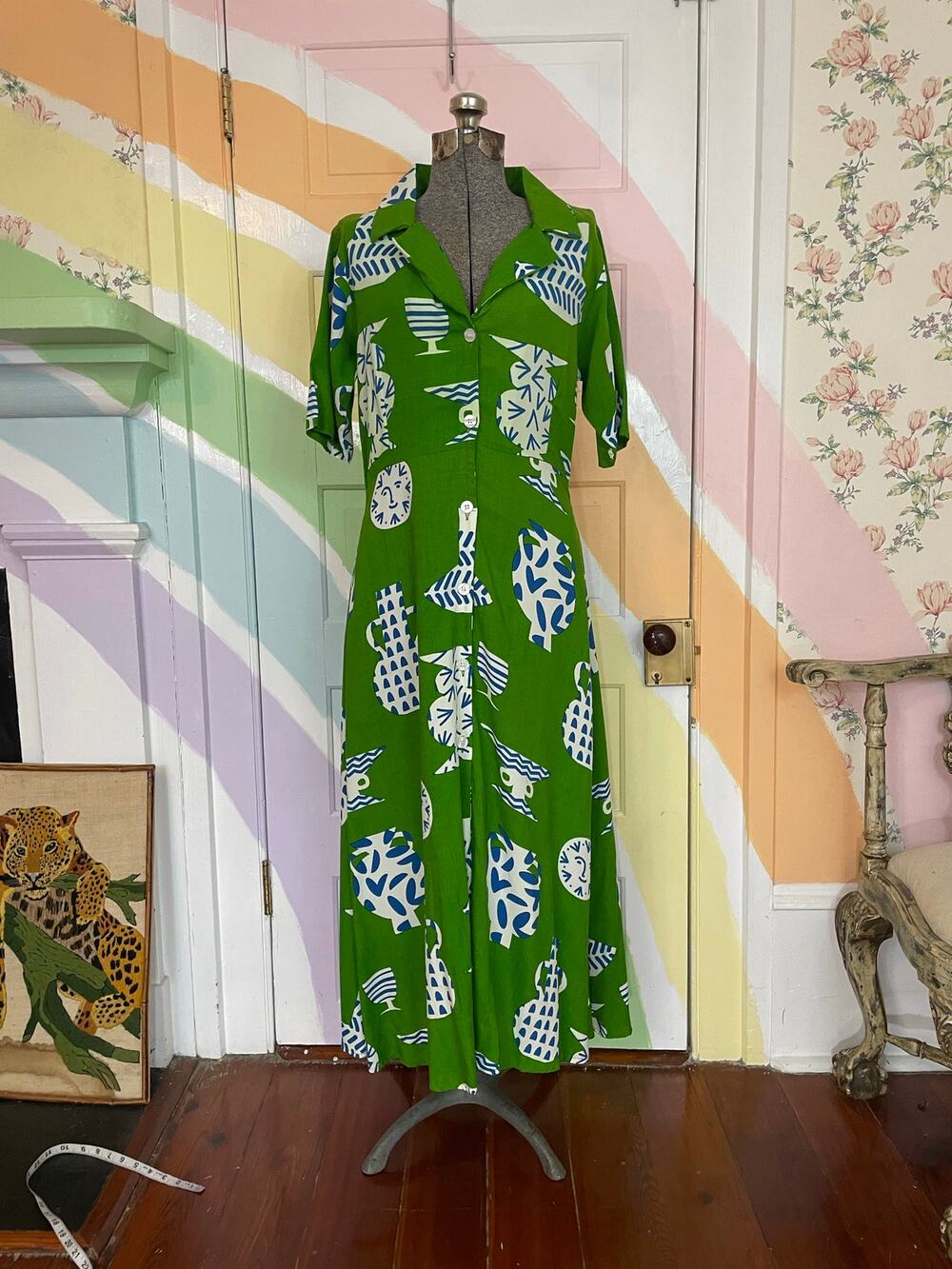 Compania Fantastica XL Green Ceramics Print Maxi Shirt Dress
